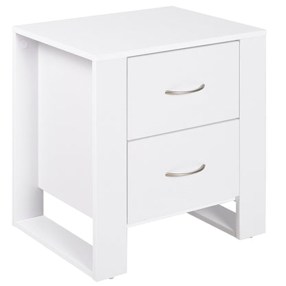 White bedside table with two closed drawers, metal handles and an elevated base.