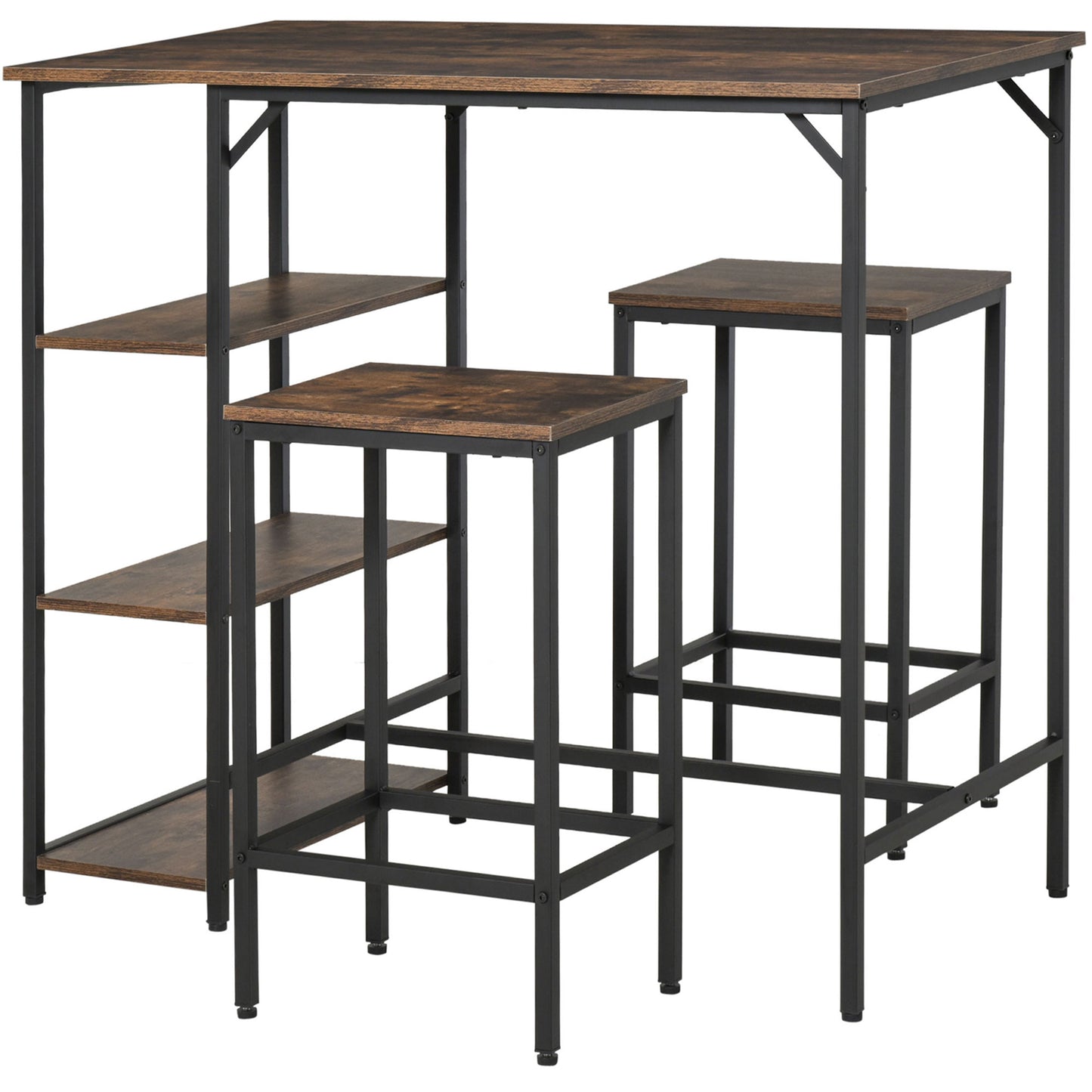 Photo of HOMCOM Industrial Bar Height Dining Table Set With 2 Stools & Side Shelf, 3 Pieces Coffee Table for Dining Room, Kitchen, Dinette in Dinette colour on a white background