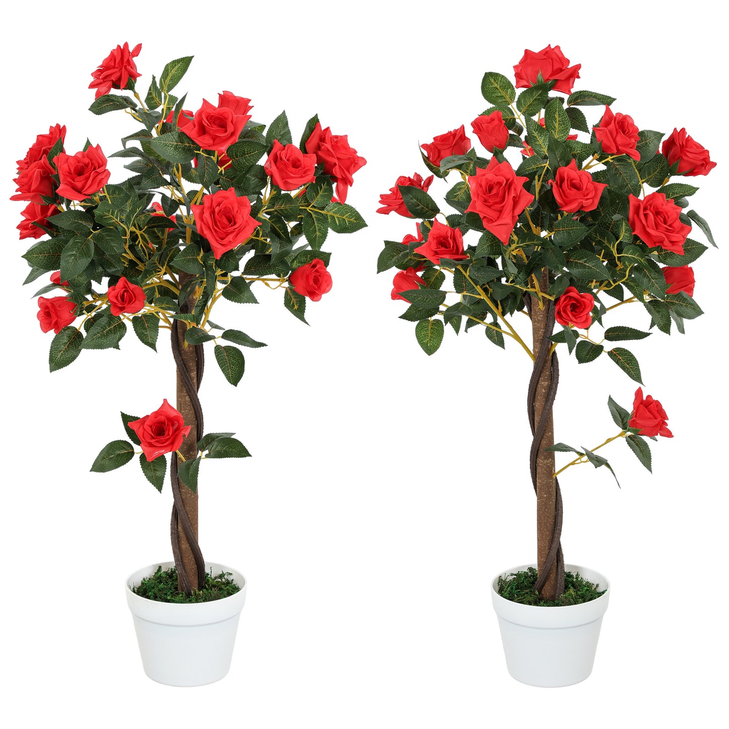 Photo of Outsunny Set of 2 Artificial Plants White Rose Floral in Pot, Fake Plants for Home Indoor Decor, 90cm, Red in Red colour on a white background