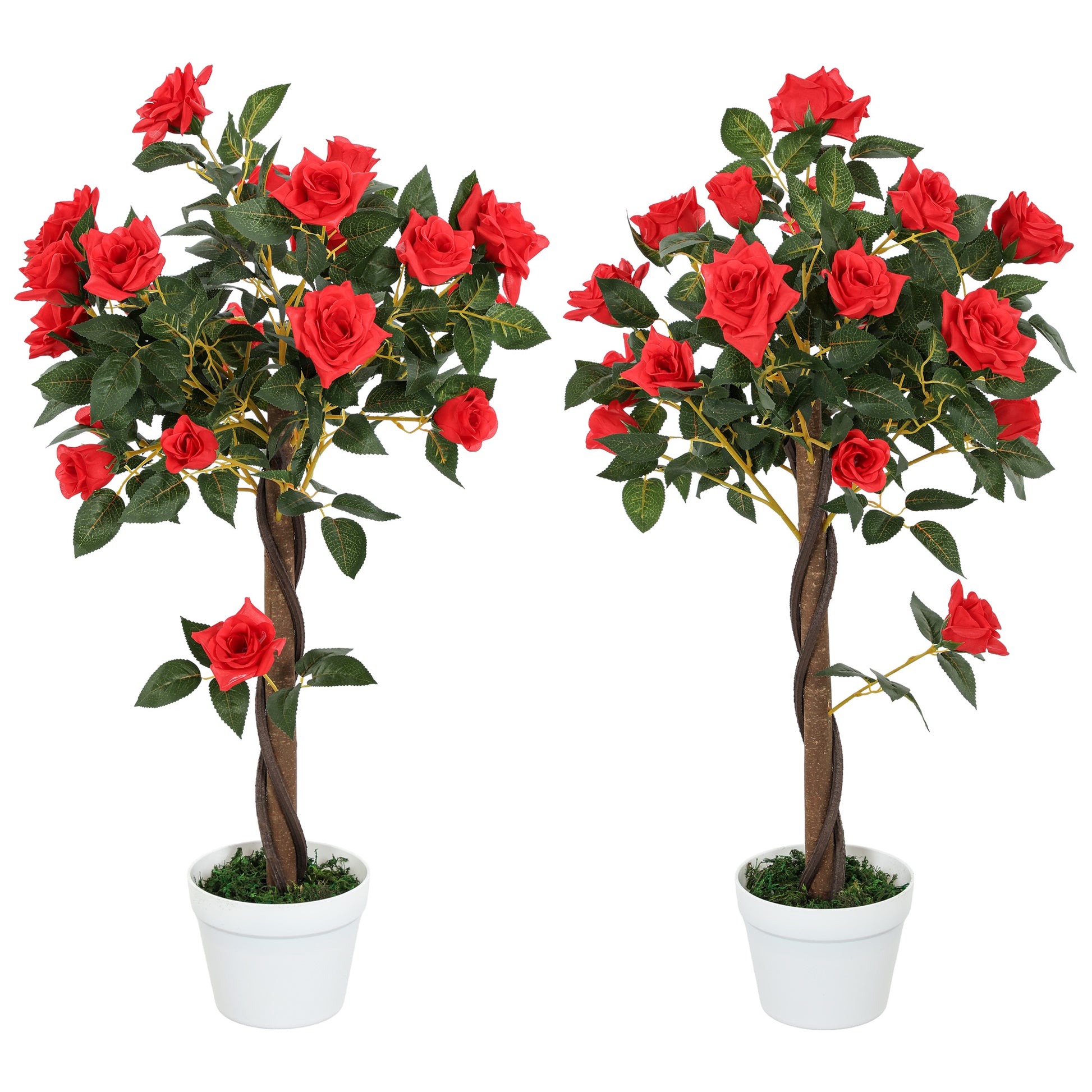 Photo of Outsunny Set of 2 Artificial Plants White Rose Floral in Pot, Fake Plants for Home Indoor Decor, 90cm, Red in Red colour on a white background