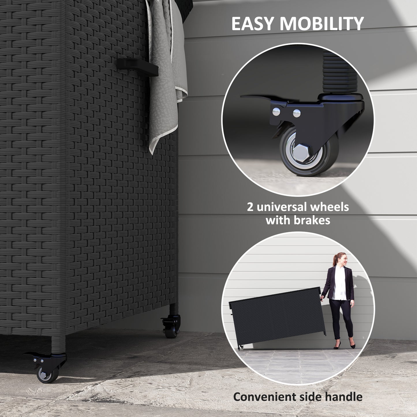 Outsunny 627L Rattan Storage Box with 2 Brake Wheels - Black