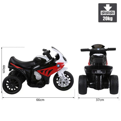 HOMCOM BMW ride-on motorcycle side and rear views with 66 cm length and 37 cm width