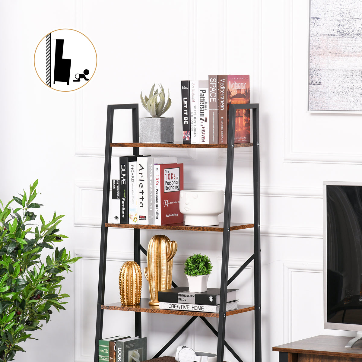 HOMCOM four-tier industrial bookshelf displaying books and decorative items