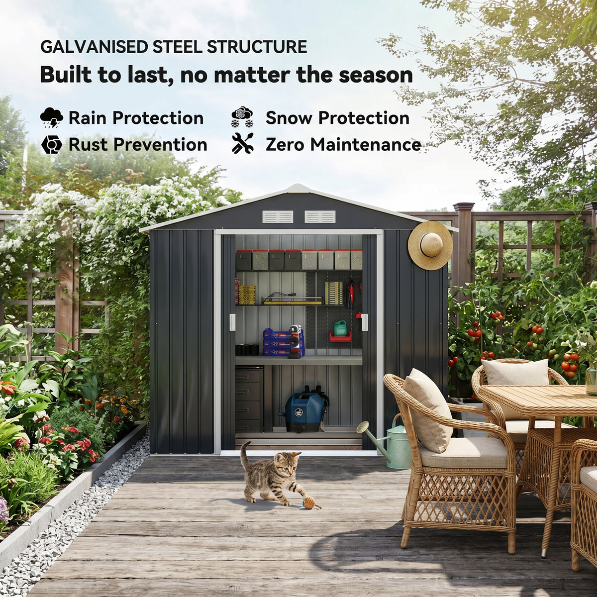 Outsunny steel shed with open sliding doors and visible interior storage shelves