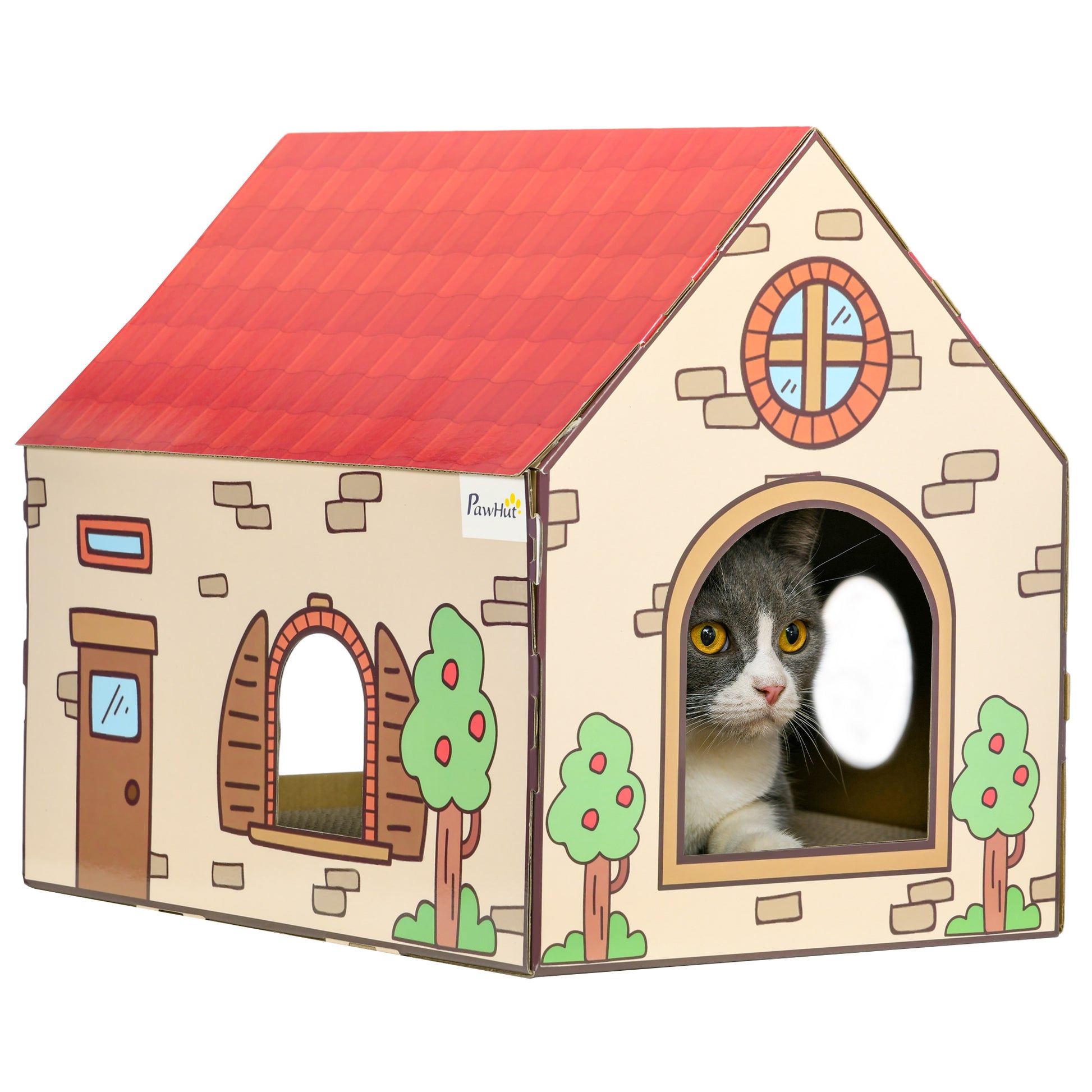 Photo of PawHut Two-In-One Cat House, Cat Scratching Board with Scratcher, Catnip, Cat Cardboard Scratcher for Indoor Cats in Cats colour on a white background