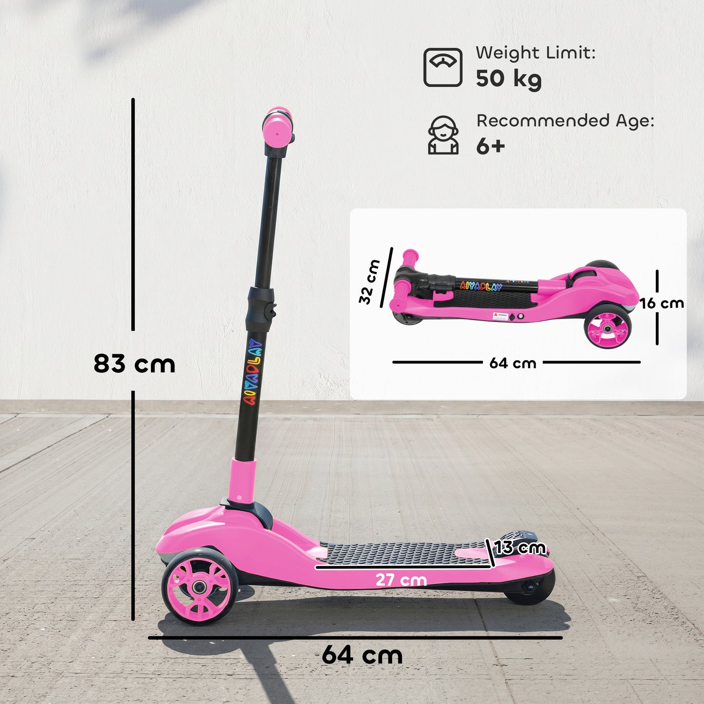AIYAPLAY Three-Wheel Foldable Electric Scooter for Kids Aged 6-10 Years, Pink