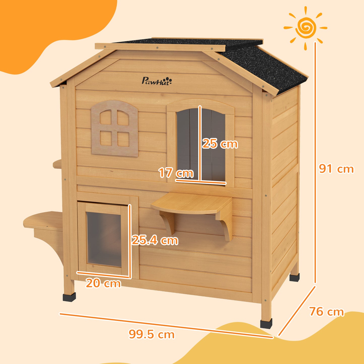 PawHut 2-story Cat House Outdoor, Weatherproof Wooden Cat Enclosure with Openable Roof, Jumping Platforms, Natural Wood Finish