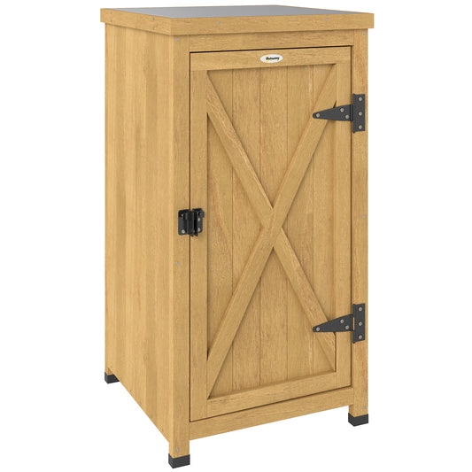Photo of Outsunny Wooden Garden Shed, Garden Tool Storage Shed with Metal Top and Shelf, Light Brown in Brown colour on a white background
