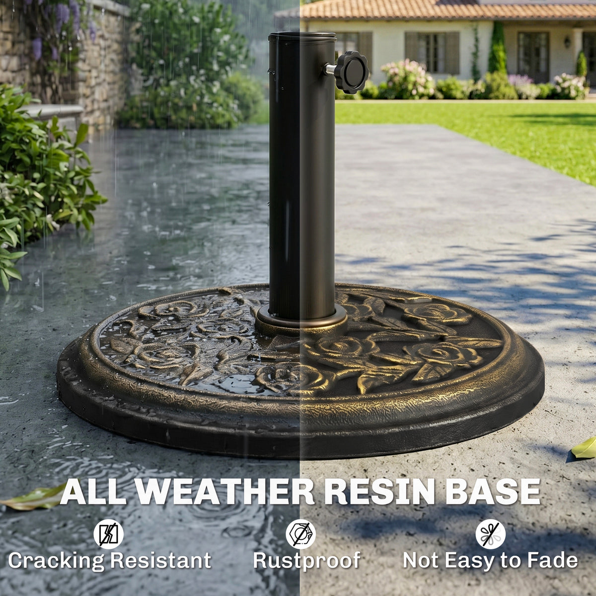 Bronze-tone floral parasol base with upright pole holder and tightening knob