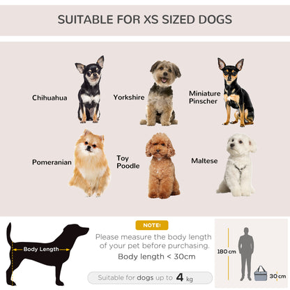 Grey soft-sided pet carrier size guide for dogs up to 4 kg and under 30 cm long.