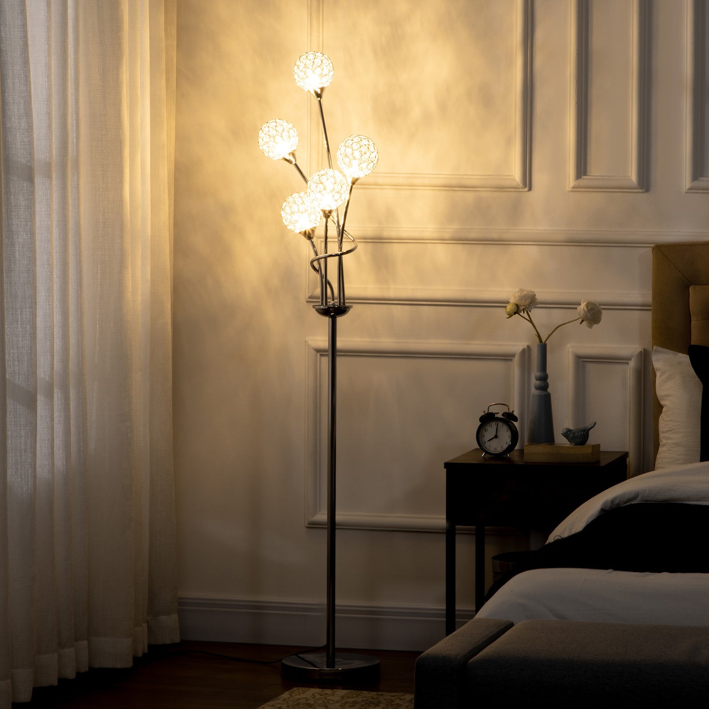 HOMCOM Floor Lamps for Living Room Bedroom with 5 Light, Modern Upright Standing Lamp, 34x25x156cm, Silver