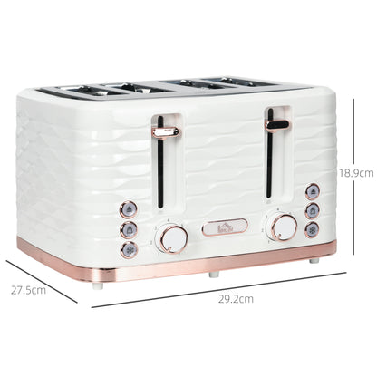 HOMCOM white four-slice toaster with dimensions of 29.2 by 27.5 by 18.9 cm