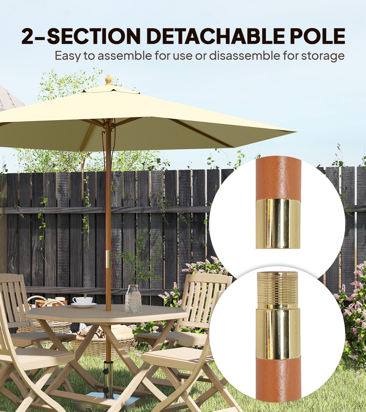 Outsunny 2.5m Wood Garden Parasol Sun Shade Patio Outdoor Wooden Umbrella Canopy, Table Market Umbrella with Vent, 38mm Pole, Rope Pulley Mechanism, Cream White