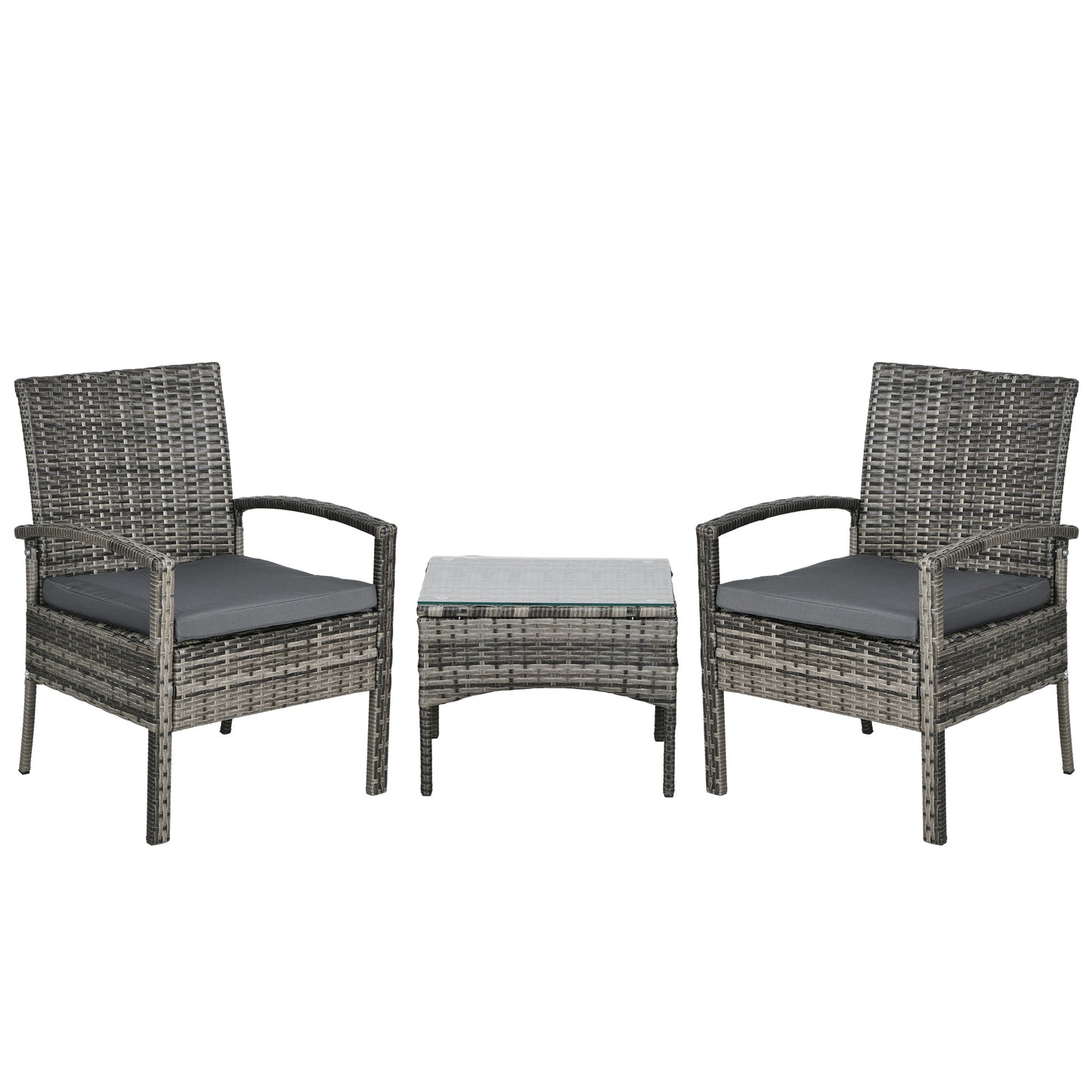 Photo of Outsunny 3 Pieces Rattan Bistro Set, Wicker Garden Furniture Set with Glass Top Coffee Table and Chairs, Washable Cushions for Outdoor, Patio, Balcony, Mixed Grey in Grey colour on a white background