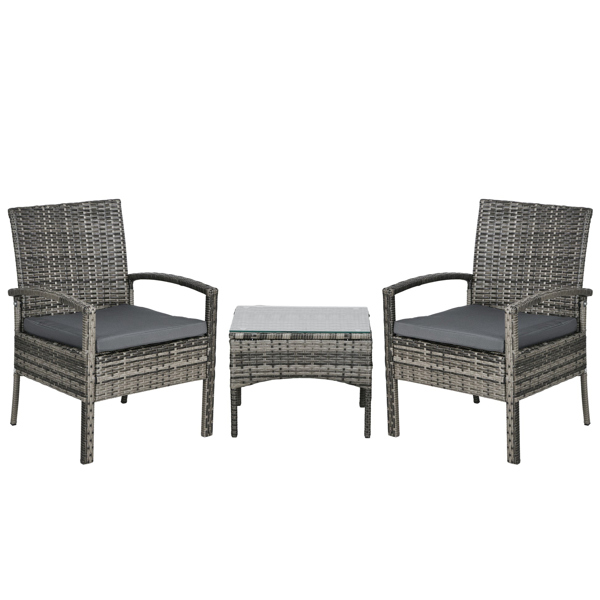 Photo of Outsunny 3 Pieces Rattan Bistro Set, Wicker Garden Furniture Set with Glass Top Coffee Table and Chairs, Washable Cushions for Outdoor, Patio, Balcony, Mixed Grey in Grey colour on a white background