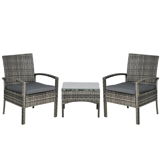 Photo of Outsunny 3 Pieces Rattan Bistro Set, Wicker Garden Furniture Set with Glass Top Coffee Table and Chairs, Washable Cushions for Outdoor, Patio, Balcony, Mixed Grey in Grey colour on a white background
