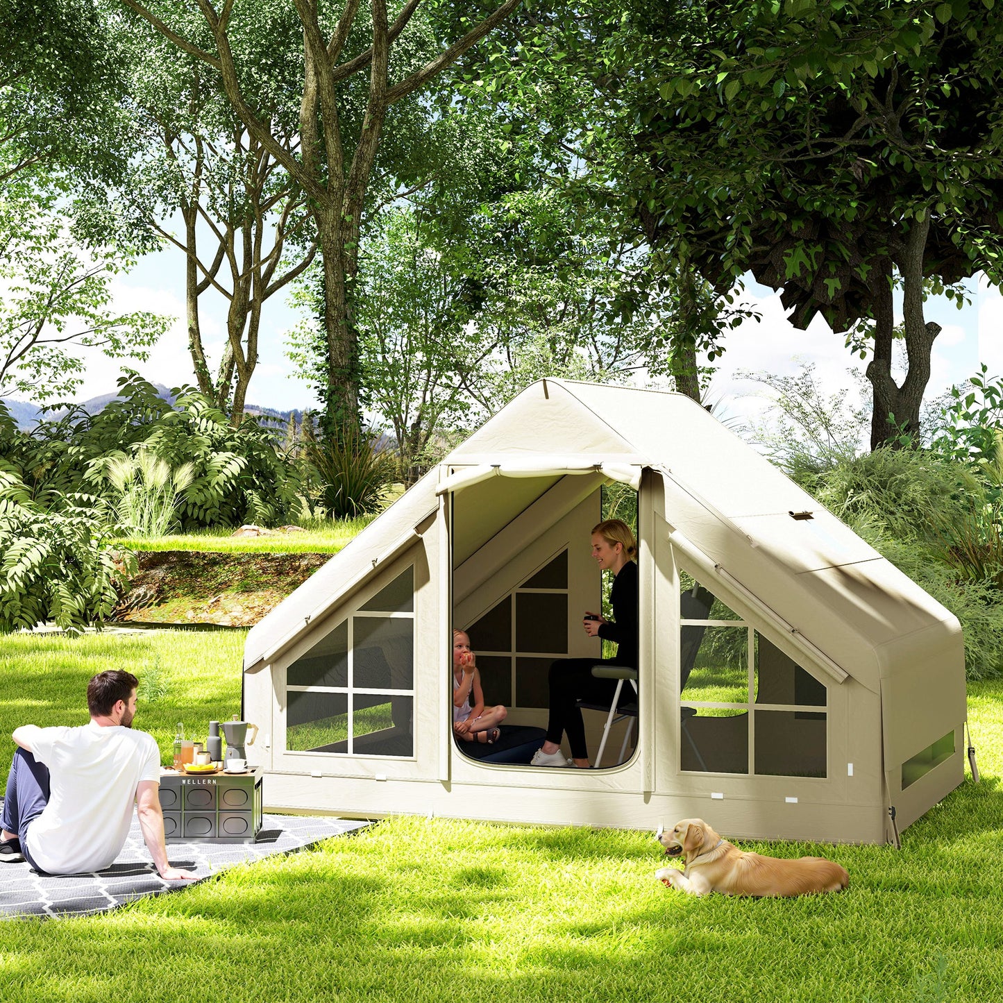 Outsunny Inflatable Camping Tent with Pump, Stove Jack Hole, Easy Setup 2-4 Person Family Blow Up Tent, Waterproof Glamping Luxury Inflatable Tent, Mesh Windows, Doors, Hook, Carry Bag, Beige