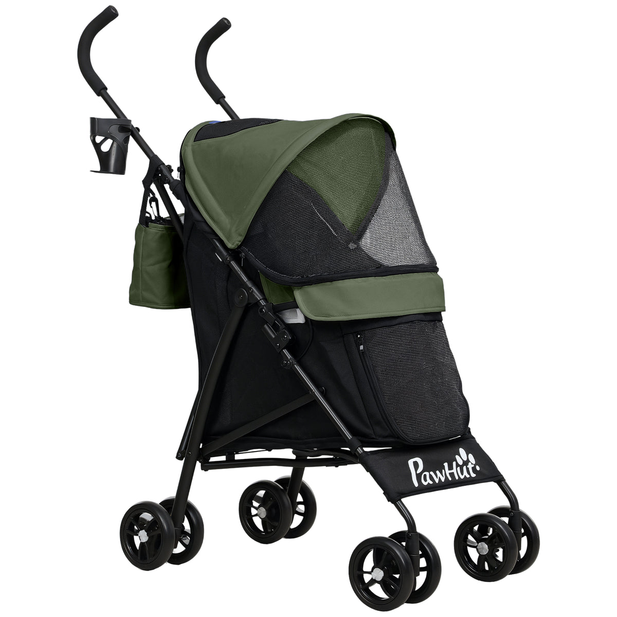 PawHut dark green and black dog stroller with mesh panels, cup holder, storage bag and six wheels