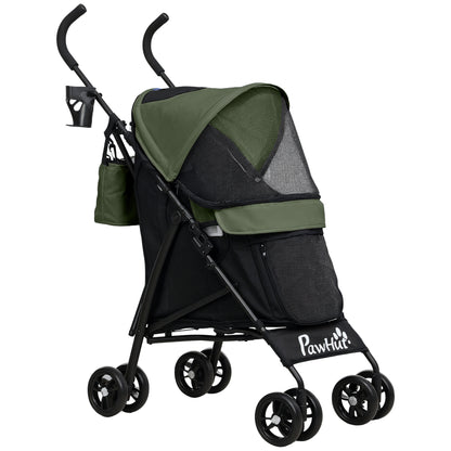 PawHut dark green and black dog stroller with mesh panels, cup holder, storage bag and six wheels