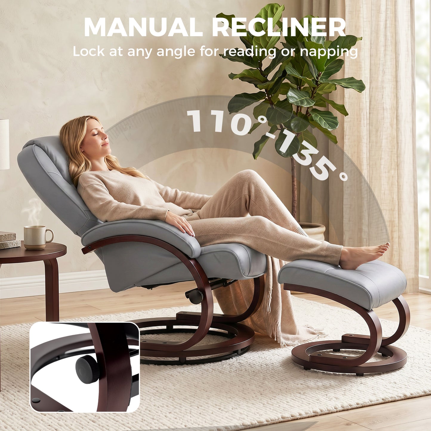 HOMCOM Swivel Recliner Chair with Footstool, PU Leather Recliner Armchair with Adjustable Back and Wood Frame, Grey