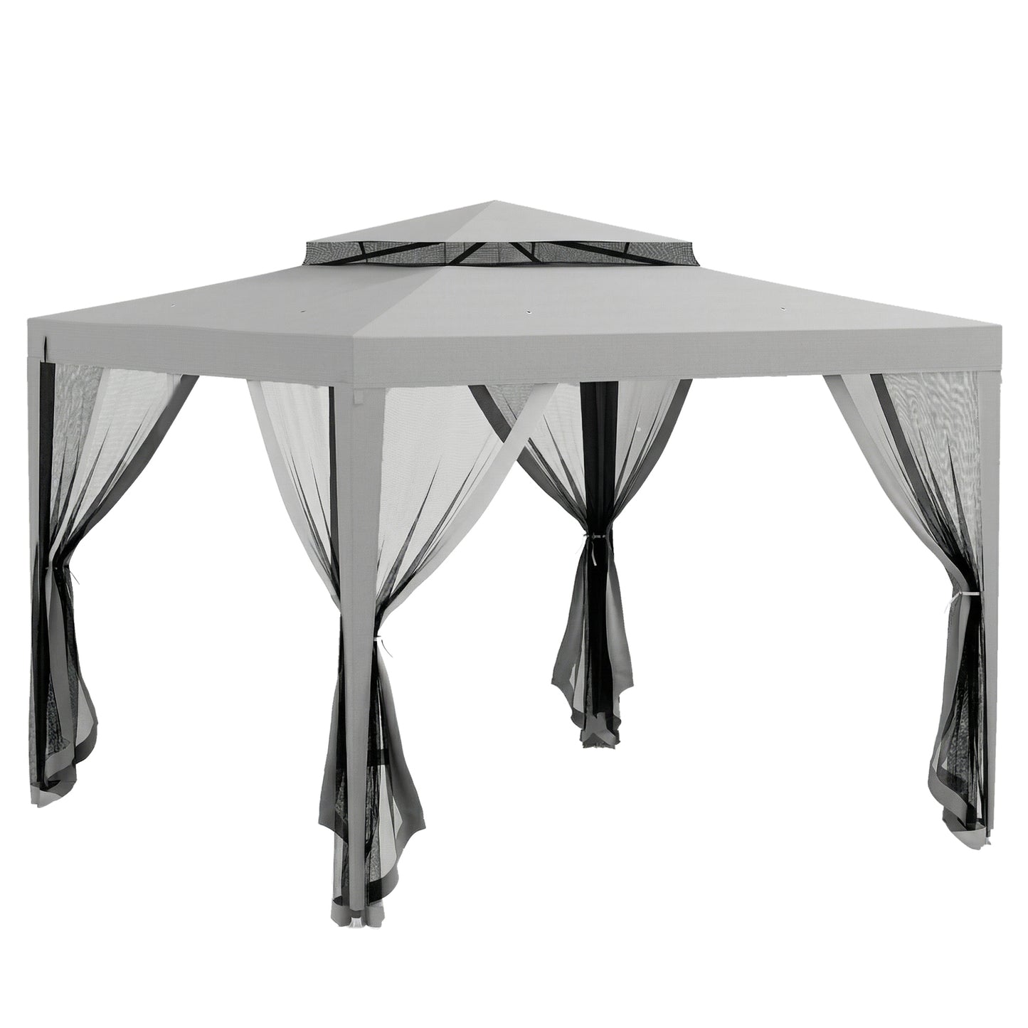 Photo of Outsunny 3 x 3 m Gazebo, Netting Party Tent, Patio Canopy Outdoor Event Shelter with Double Tier Roof, Light Grey in Grey colour on a white background