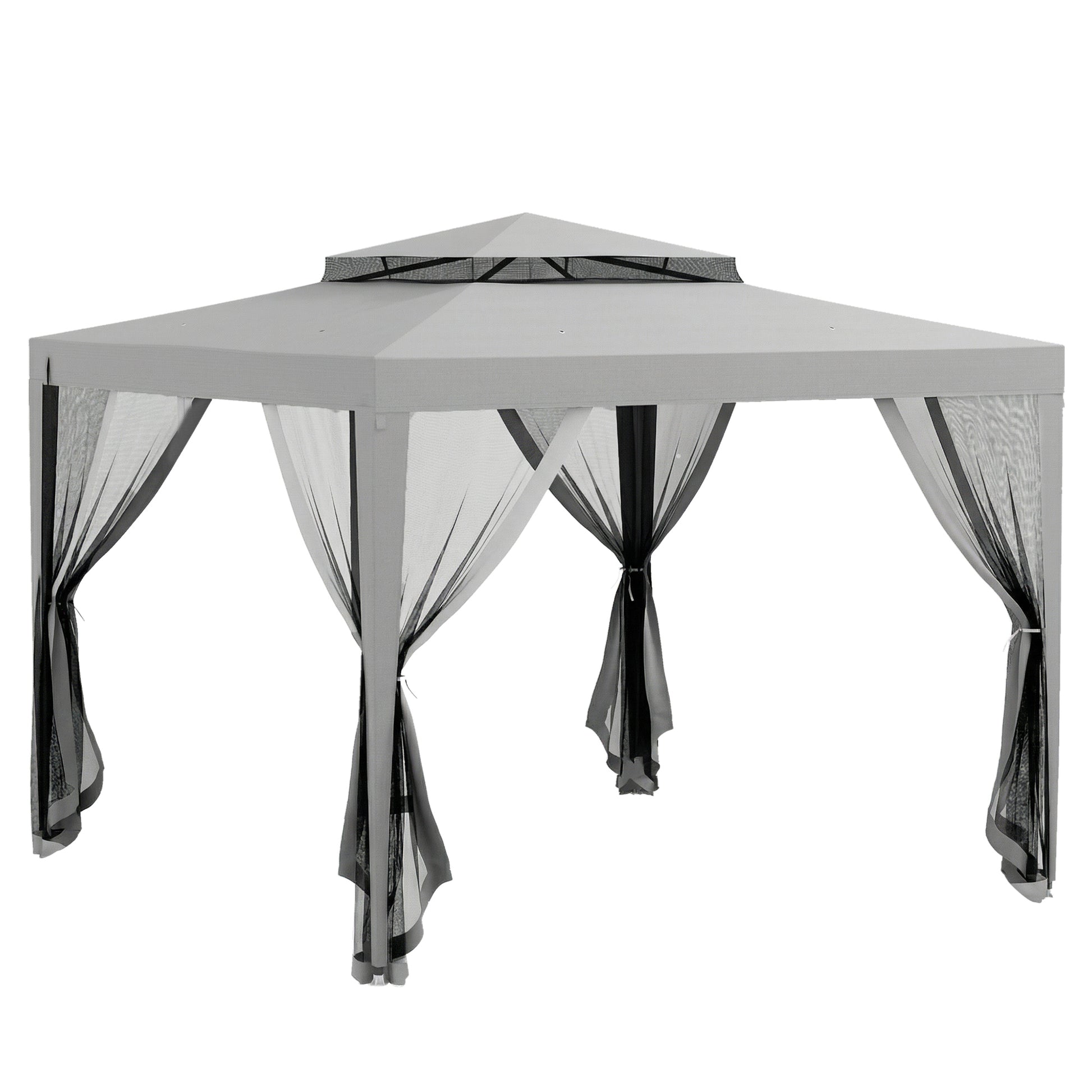 Photo of Outsunny 3 x 3 m Gazebo, Netting Party Tent, Patio Canopy Outdoor Event Shelter with Double Tier Roof, Light Grey in Grey colour on a white background