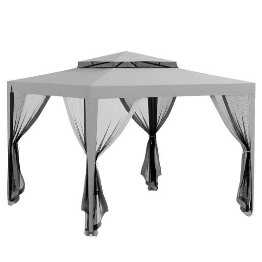 Photo of Outsunny 3 x 3 m Gazebo, Netting Party Tent, Patio Canopy Outdoor Event Shelter with Double Tier Roof, Light Grey in Grey colour on a white background