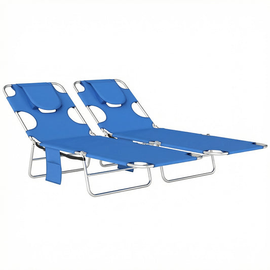 Photo of Outsunny 5-Position Adjustable Sun Loungers Set of 2 with Reading Hole and Side Pocket, Blue in Blue colour on a white background