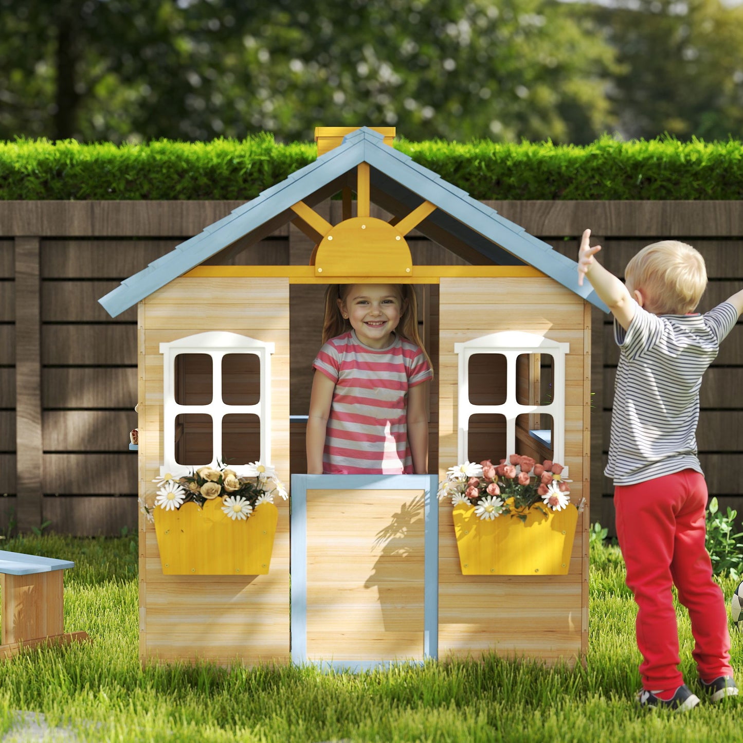 Outsunny Wooden Playhouse, Wendy House with Door, Bench, Flowerpot Holder, for Ages 3-7 Years, Blue