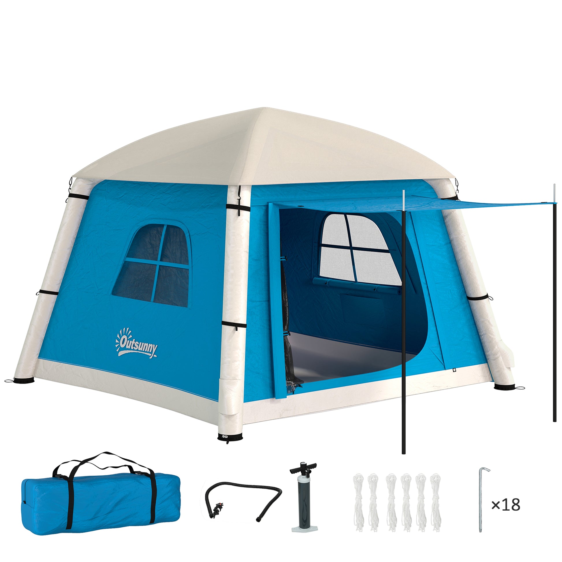 Photo of Outsunny Inflatable Camping Tent w/ Hand Pump, Easy Setup 1/2 Person Blow Up Tent Waterproof 190T Taffeta w/ Mesh Windows, Doors and Carry Bag, Light Blue in Blue colour on a white background