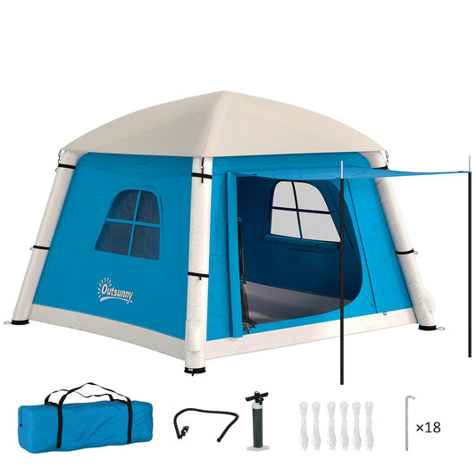Photo of Outsunny Inflatable Camping Tent w/ Hand Pump, Easy Setup 1/2 Person Blow Up Tent Waterproof 190T Taffeta w/ Mesh Windows, Doors and Carry Bag, Light Blue in Blue colour on a white background