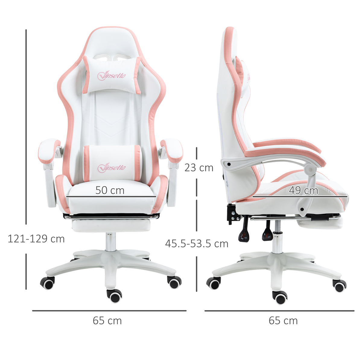 Vinsetto Gaming Chair, Computer Gamer Chair with Reclining High Back, Headrest, Lumbar Support, Footrest, Swivel Wheels, PU Leather, Adjustable Height for Home, White and Pink