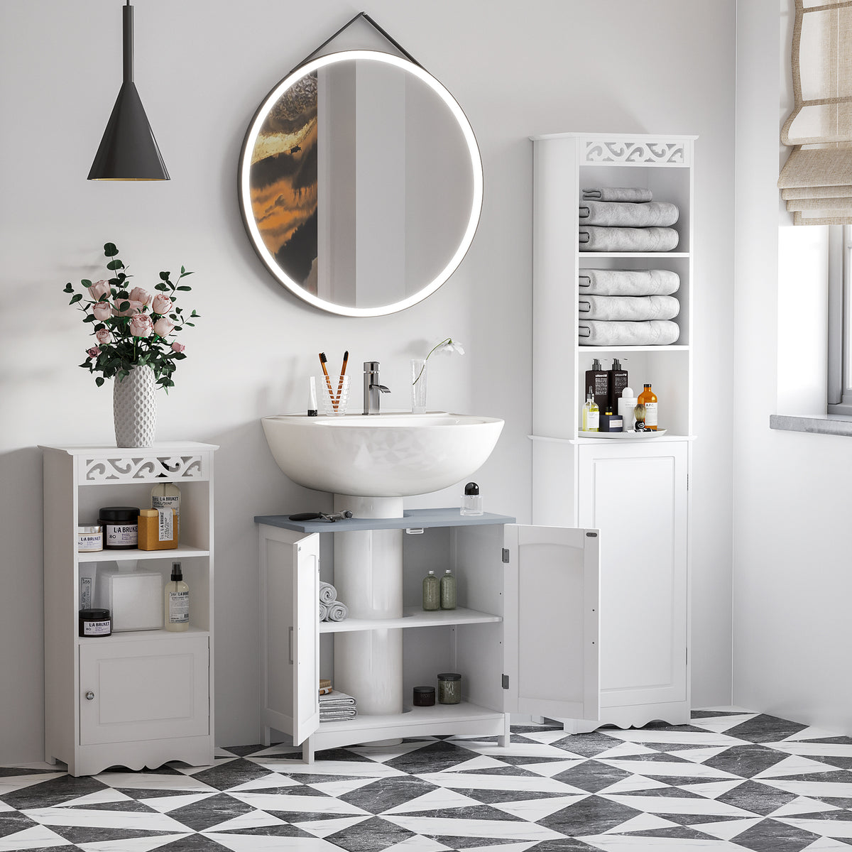 White under-sink vanity cabinet shown open beneath a basin, with interior shelves.