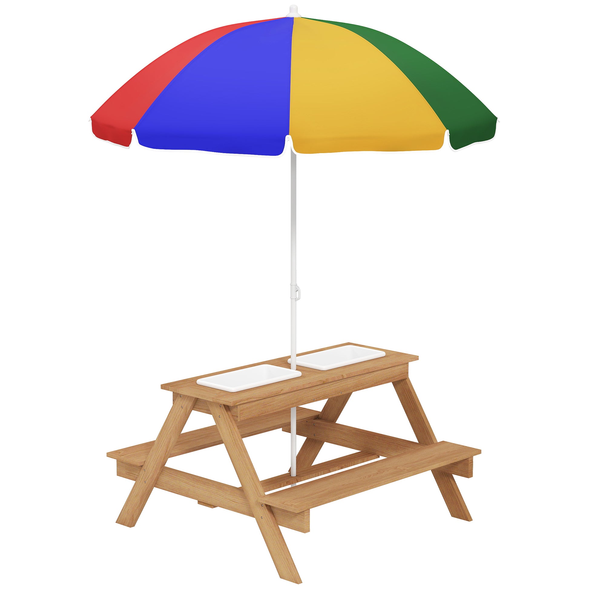 Photo of AIYAPLAY Kids Picnic Table, Sand and Water Table with Wooden Benches, Adjustable Parasol and Storage Bins, Multicolour in Multicolour colour on a white background