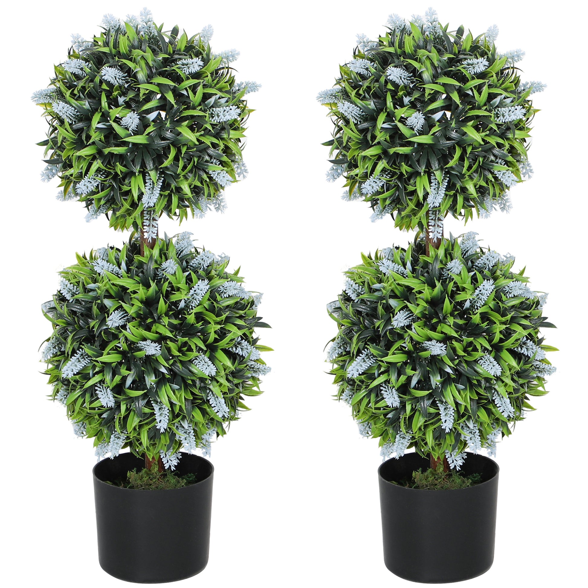 Photo of HOMCOM Set of 2 Decorative Artificial Plants Ball Trees with Lavender Flowers in Pot Fake Plants for Home Indoor Outdoor Decor, 70cm, Blue in Blue colour on a white background