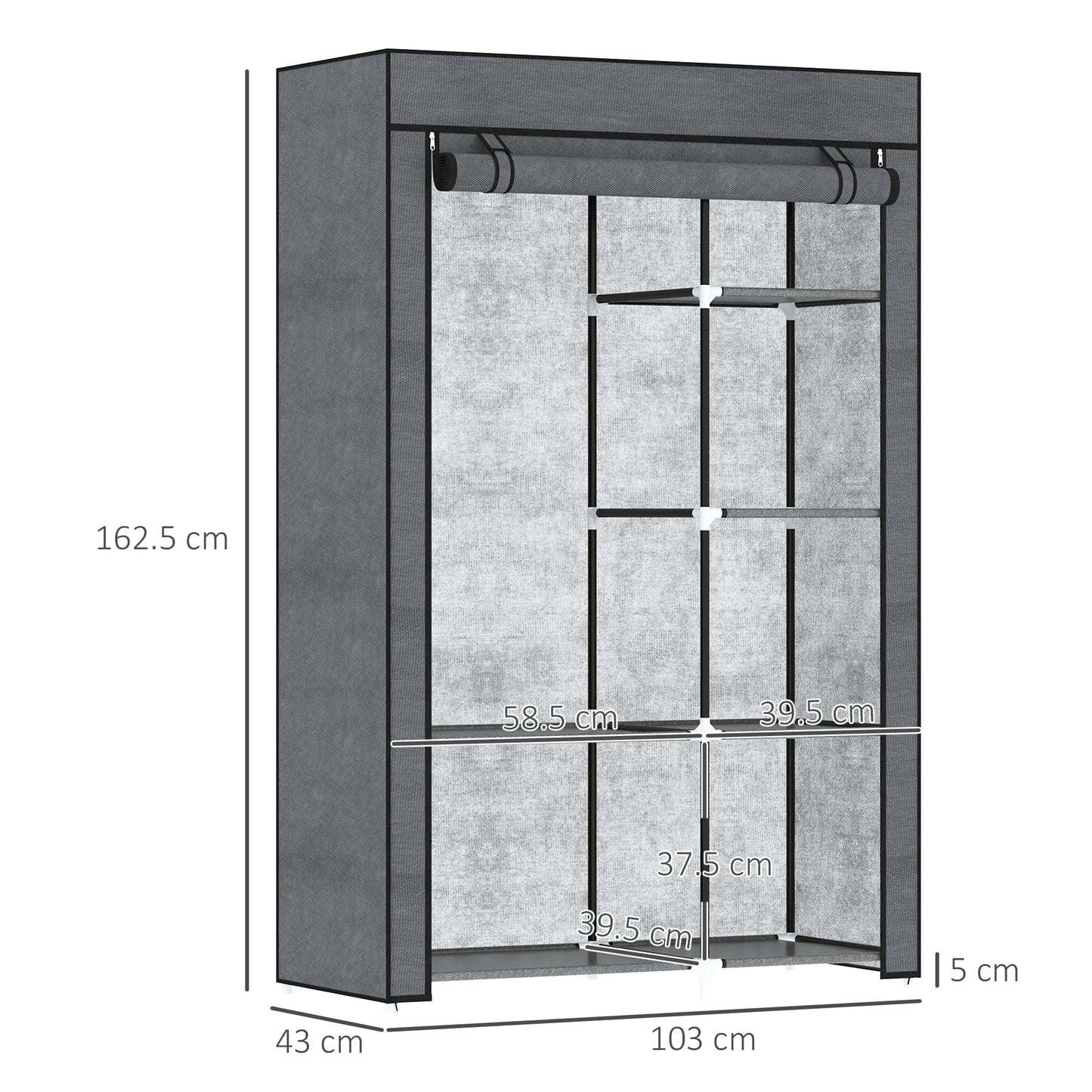 HOMCOM Fabric Wardrobe w/ Shelves Hanging Rail Foldable Wardrobe Dark Grey