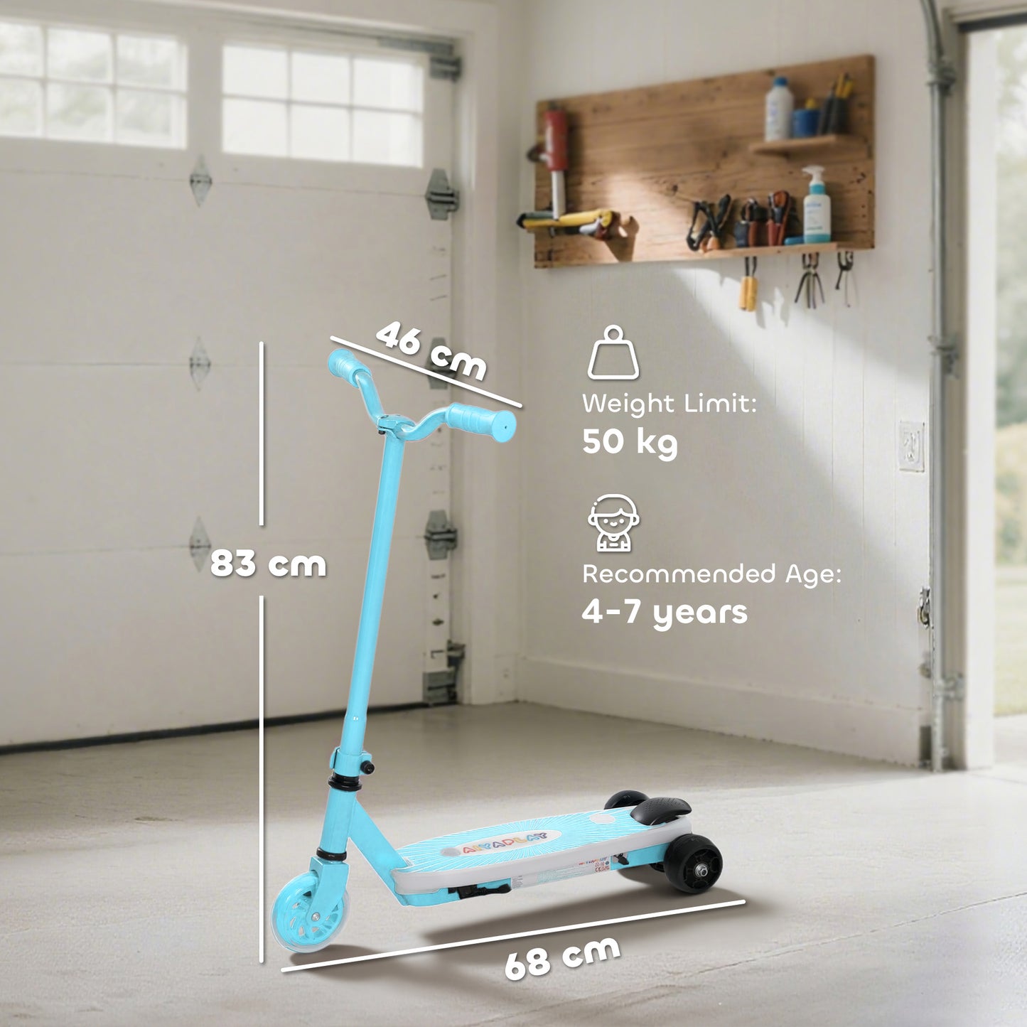 AIYAPLAY Electric Scooter for Kids Aged 4-7 Years, with Flashing LED Lights, Rear Auxiliary Wheels, Blue