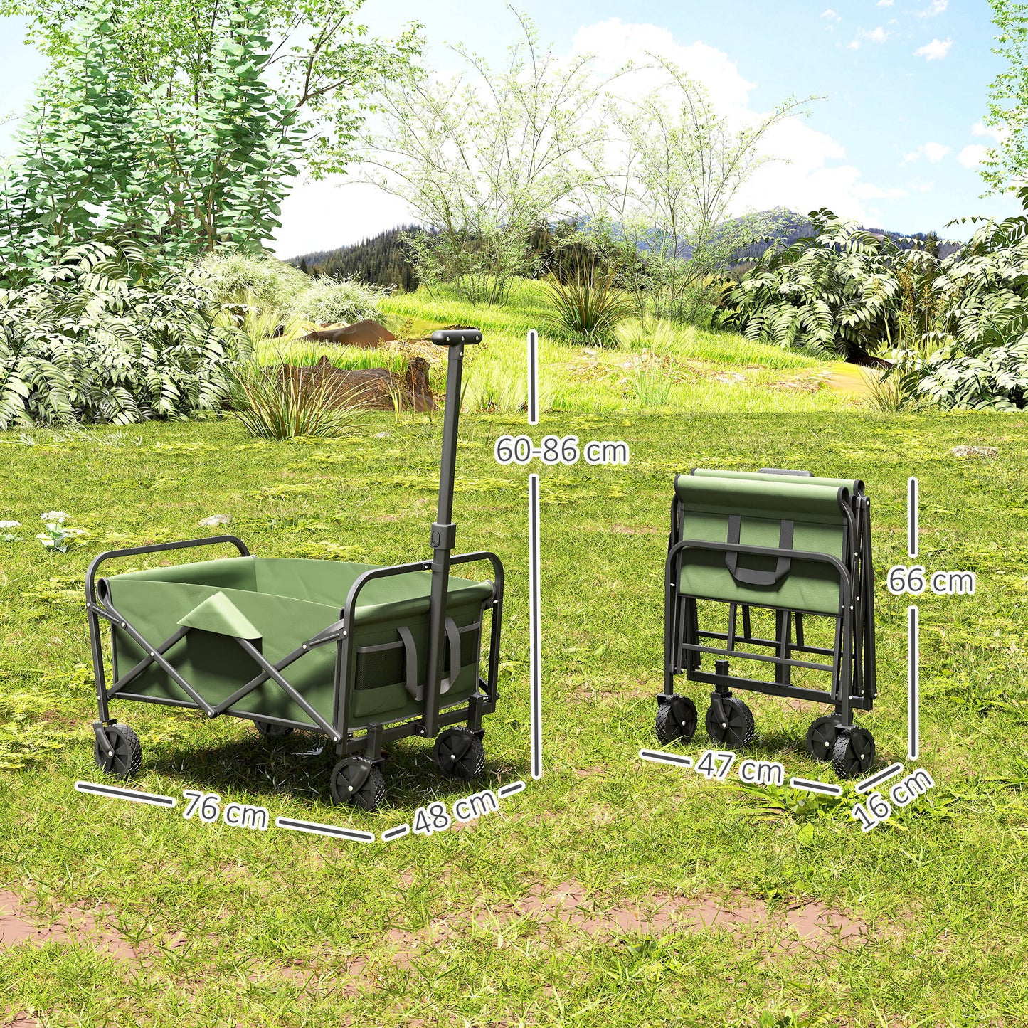 Outsunny 93L Festival Trolley on Wheels, Garden Folding Trolley Cart, 120kg Heavy Duty Collapsible Folding Wagon with Adjustable Handle and Carrying Bag for Beach, Camping, Festival, Green
