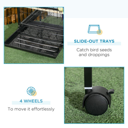 Black bird cage with slide-out trays and a close-up of its locking caster wheels.