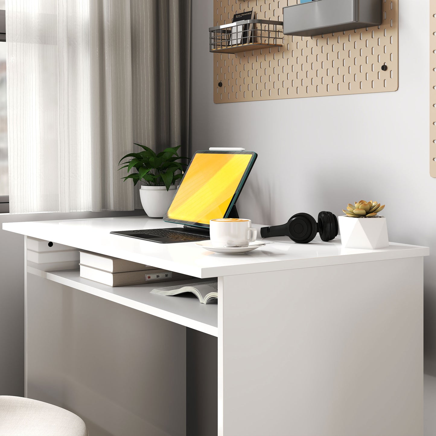 HOMCOM 90 x 50cm Computer Table, Modern Home Office Desk, Small Writing Desk with Storage Shelf, High Gloss White