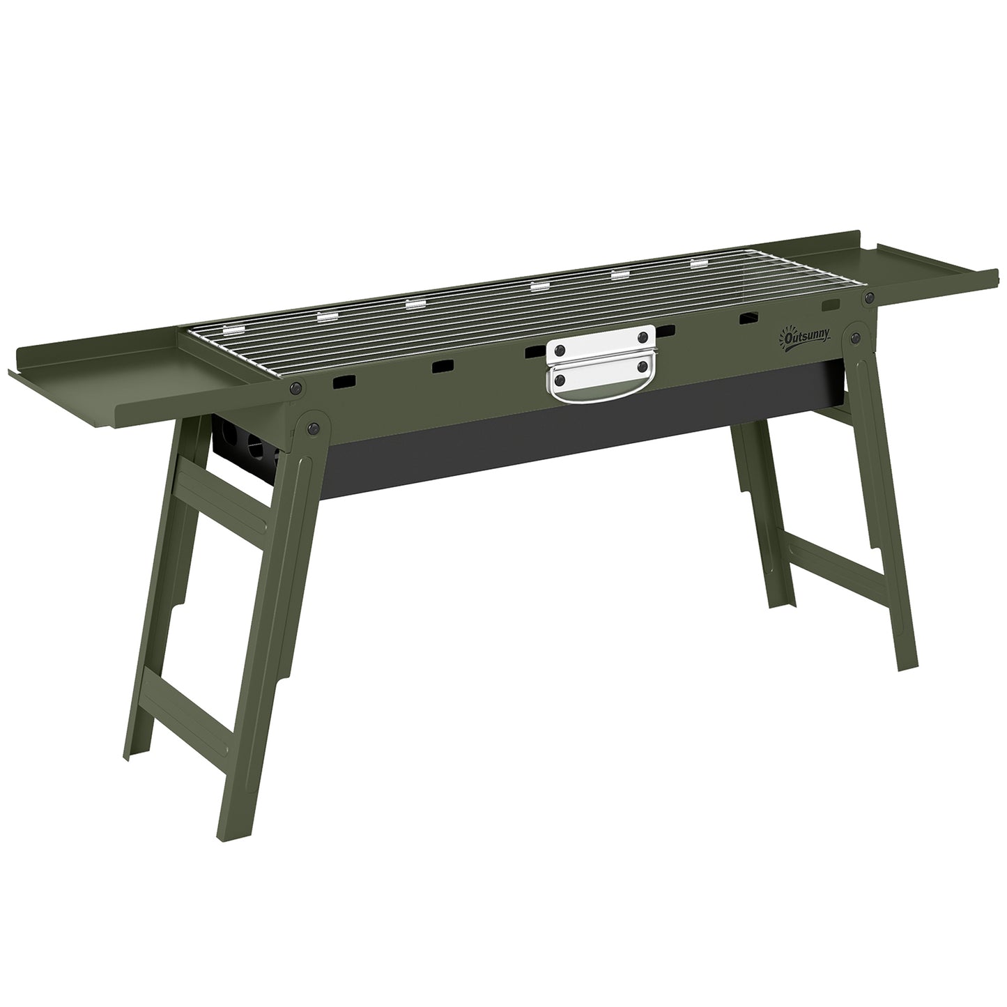 Photo of Outsunny Portable BBQ Grill, Foldable Charcoal Grill for Camping and Picnics with 2 Side Shelves and Handle, Green in Green colour on a white background