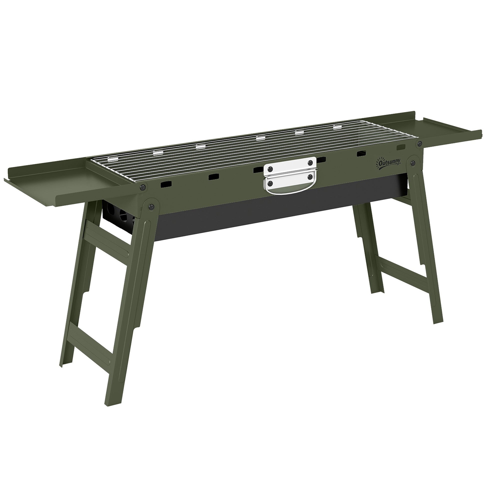 Photo of Outsunny Portable BBQ Grill, Foldable Charcoal Grill for Camping and Picnics with 2 Side Shelves and Handle, Green in Green colour on a white background