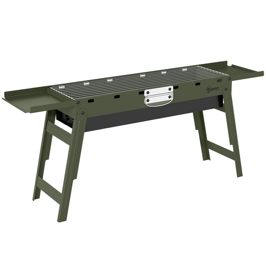 Photo of Outsunny Portable BBQ Grill, Foldable Charcoal Grill for Camping and Picnics with 2 Side Shelves and Handle, Green in Green colour on a white background