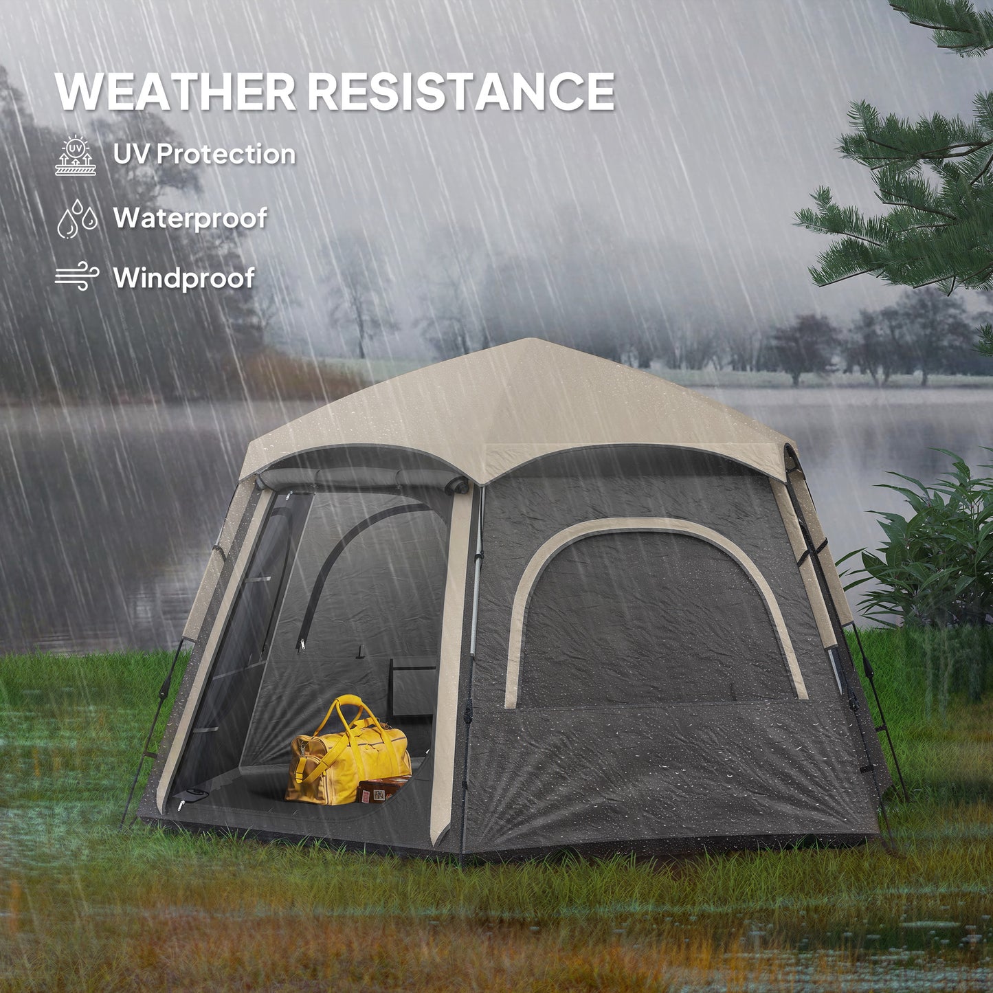 Outsunny Instant Pop Up Camping Tent, 2/3/4 Person Easy Setup Dome Family Tent with Vestibule, Rainfly, 4 Mesh Windows & 2 Doors, Hexagonal Design, Waterproof & UV Protected, Dark Grey