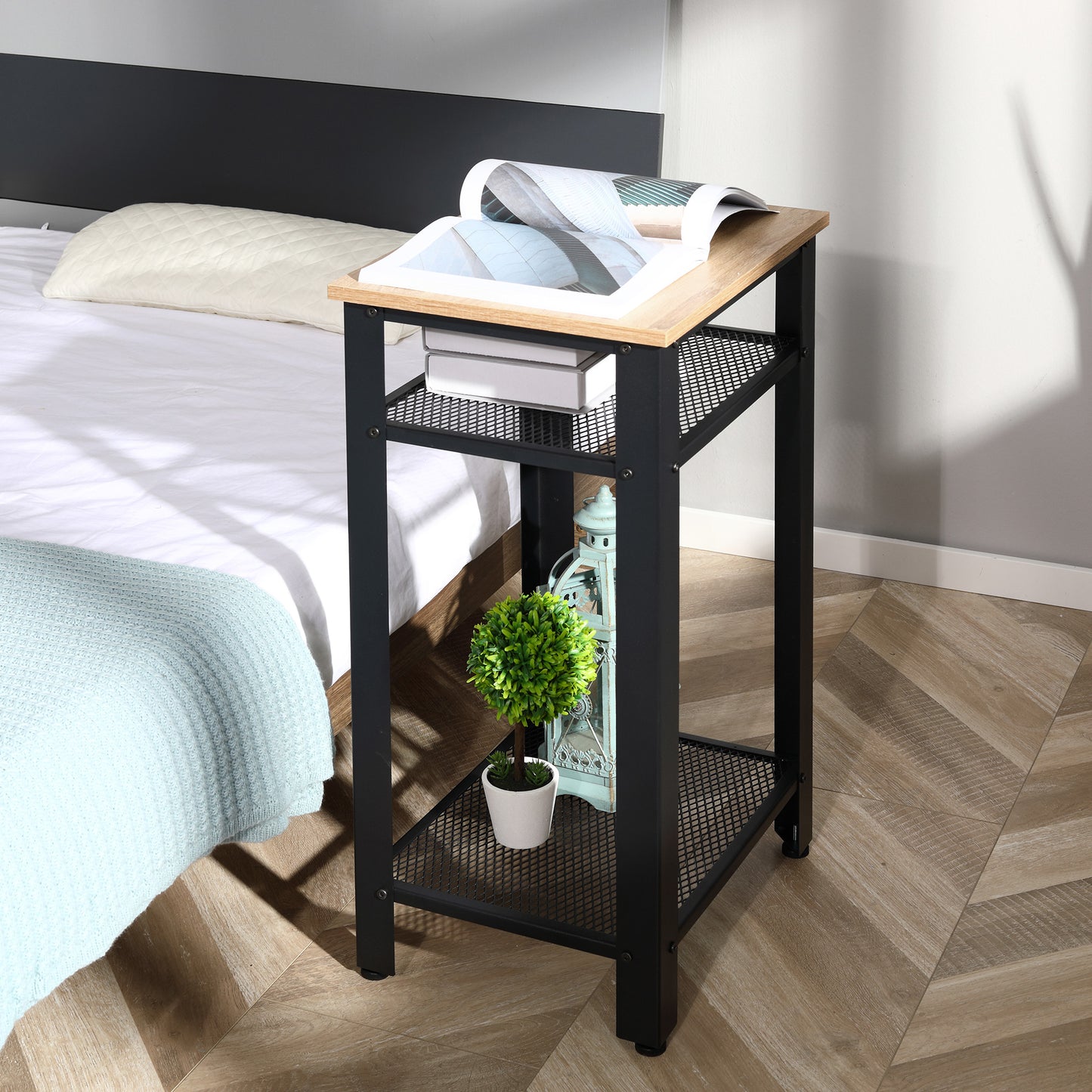HOMCOM Tall Side Table Set of 2 with 3 Layer, 2 Shelves Storage Display Industrial-Style, Metal Frame, Bedside End Table for Living Room Bedroom, Oak and Black