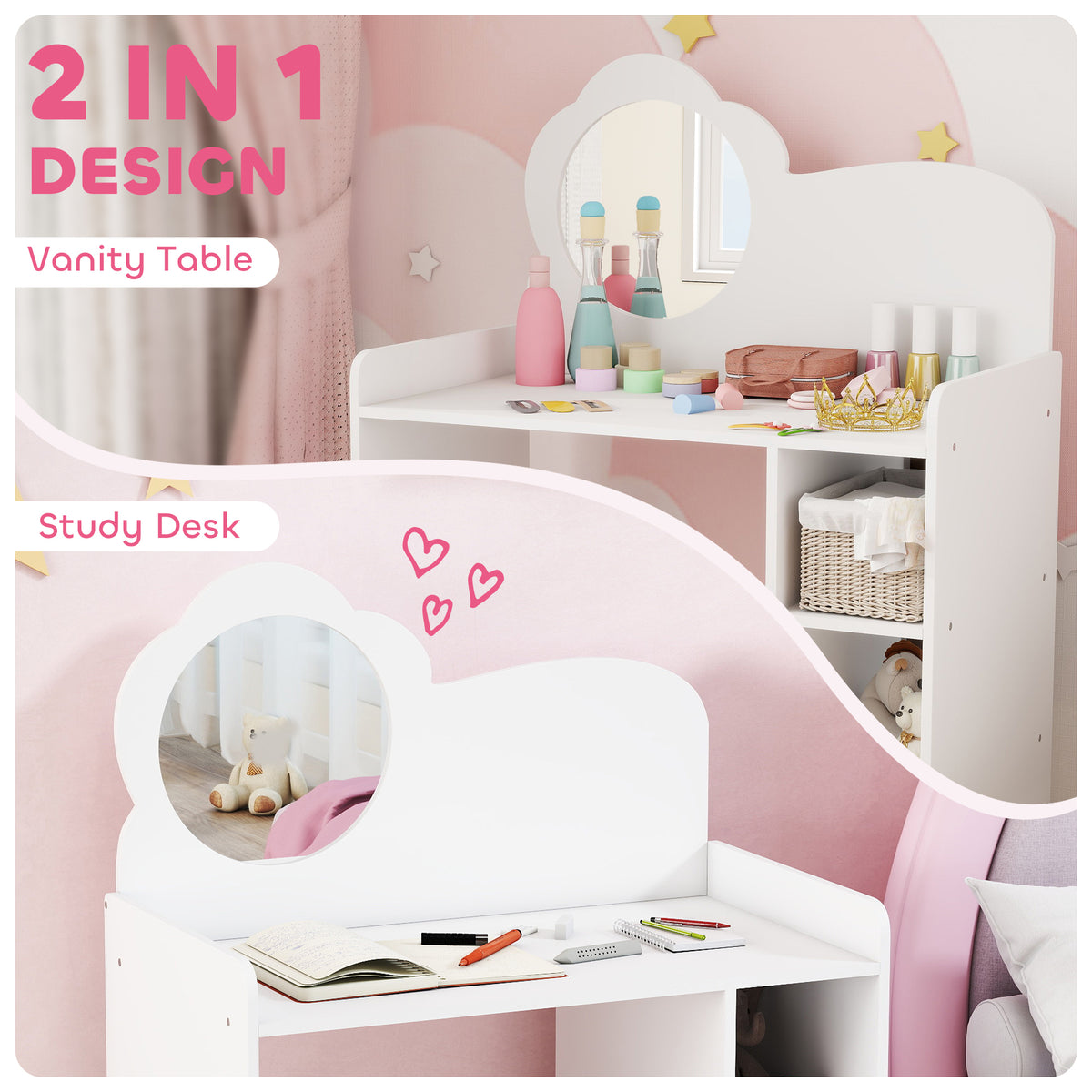 AIYAPLAY Kids Dressing Table with Mirror, Stool, Kids Vanity Table with Shelves, for Ages 3-8 Years, White