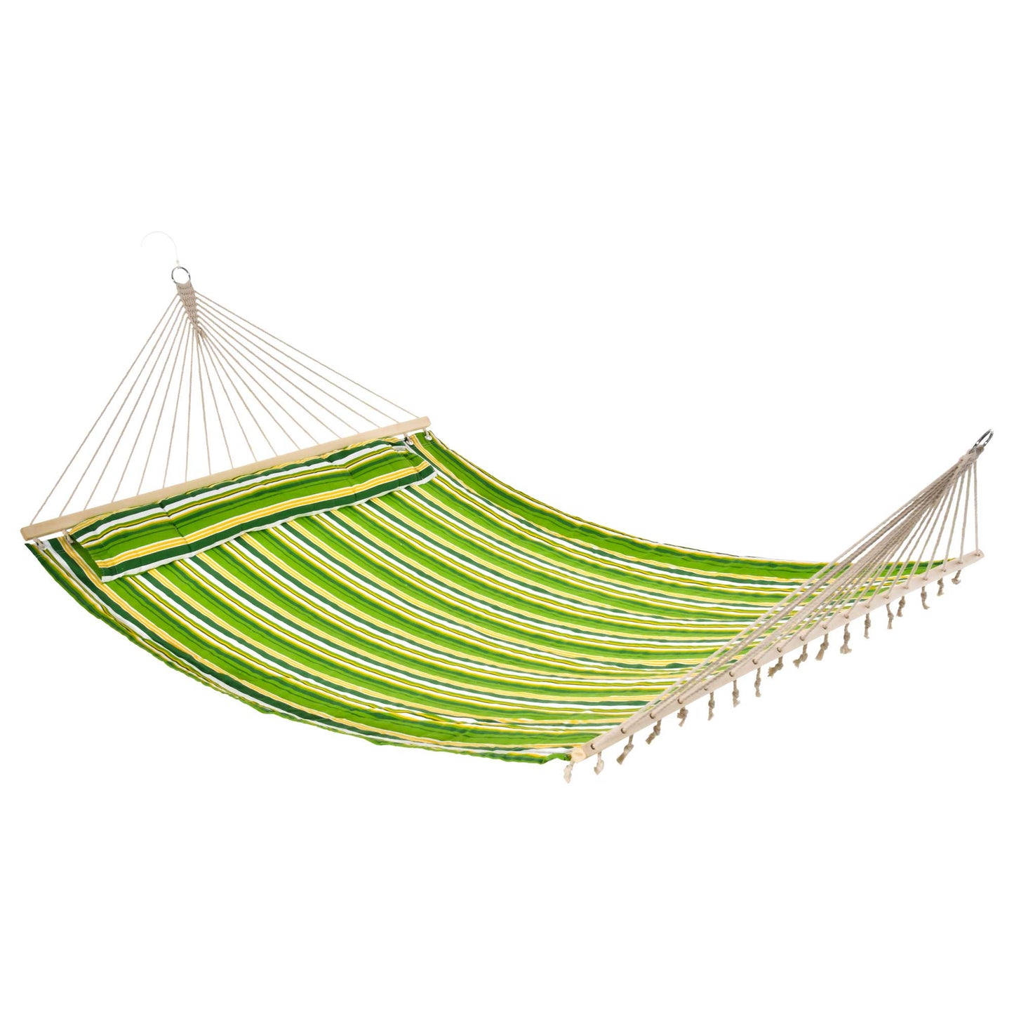 Photo of Outsunny Double Cotton Hammock Camping Swing Outdoor Garden Beach Stripe Hanging Bed with Pillow, 188 x 140 cm, 180 KG Capacity, Green in Green colour on a white background