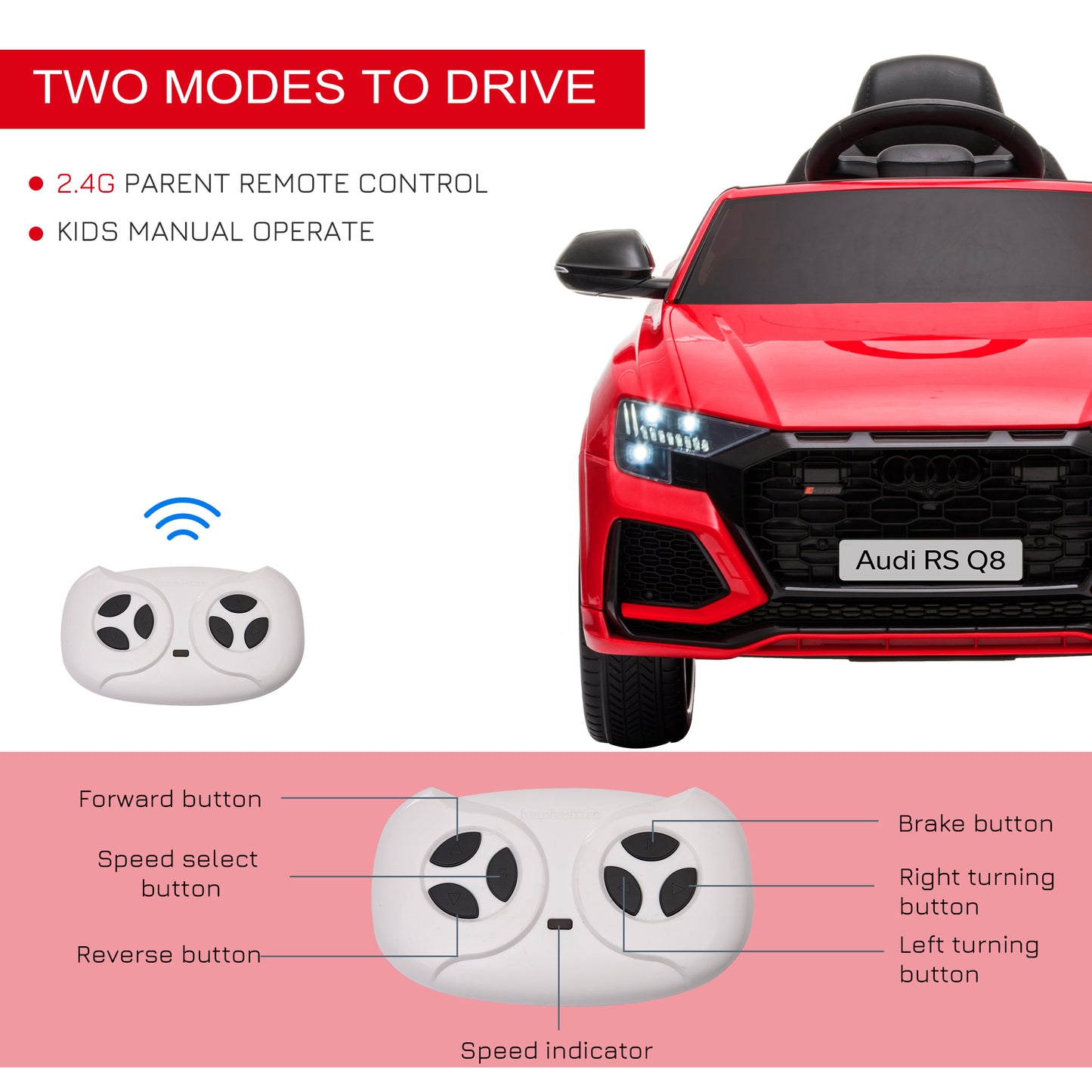 HOMCOM Audi RS Q8 Licensed Electric Car for Kids, 6V Kids' Electric Ride on with Remote Control, 7Ah Big Battery, Lights Bluetooth, Music USB, for 3-5 Years Old, Red