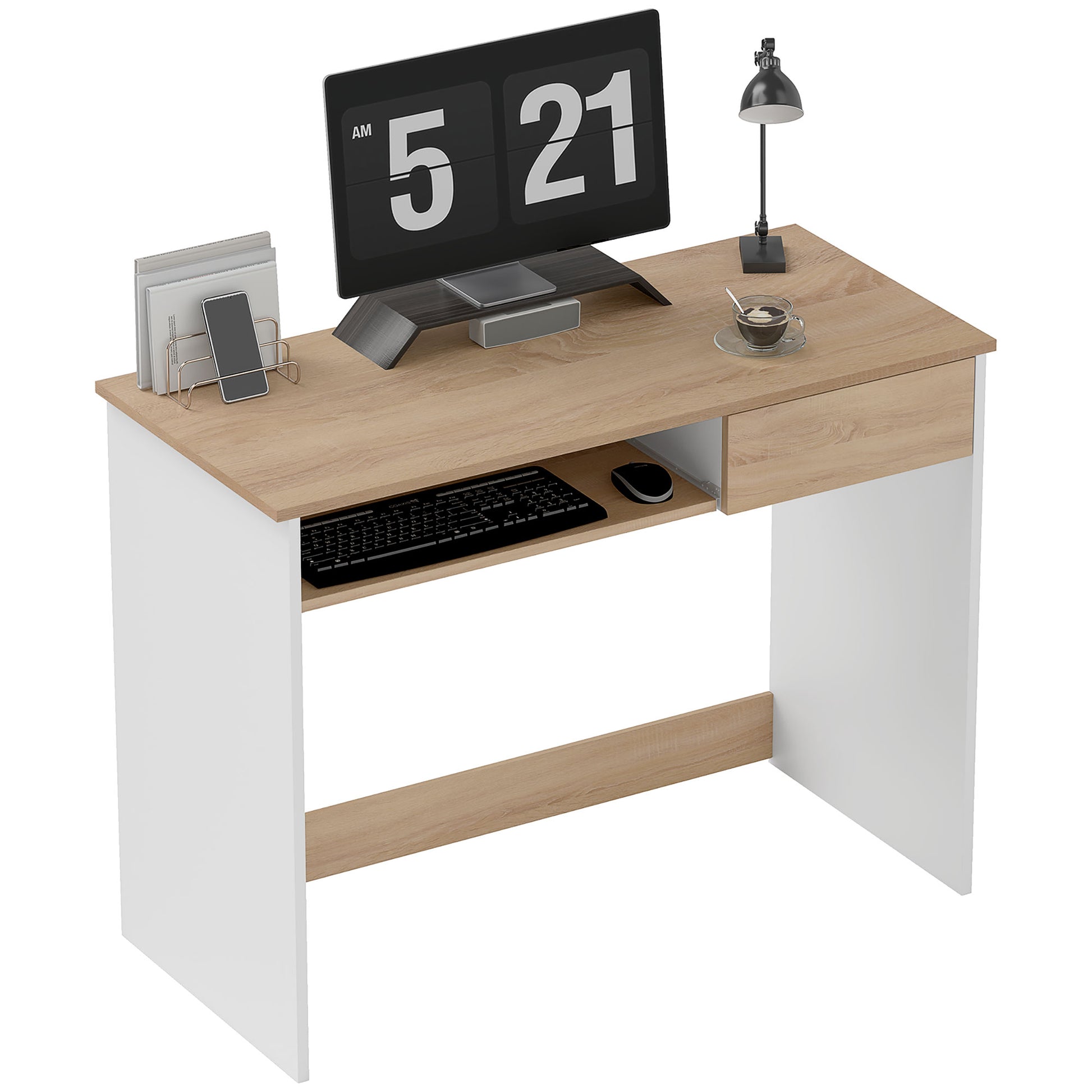 Photo of HOMCOM 100cm Compact Computer Desk with Keyboard Tray, Home Office Desk with Drawer for Bedroom Study, Oak in Oak colour on a white background