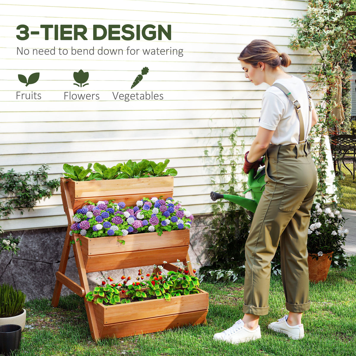 Outsunny three-tier wooden raised garden bed planted with vegetables and flowers